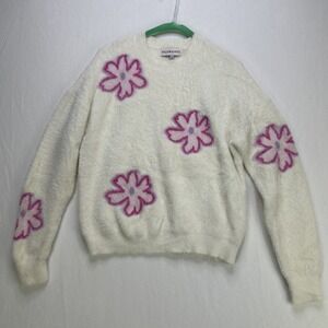 Willow & Wind Sweater Women's Large Fuzzy White Pink Flower Floral Soft